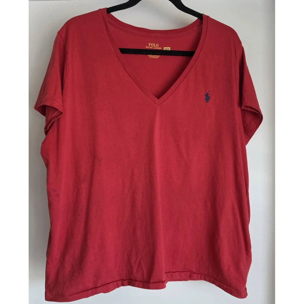 Polo Ralph Lauren V-Neck T-Shirt XXL Red Solid Short Sleeve Mens Classic Tee